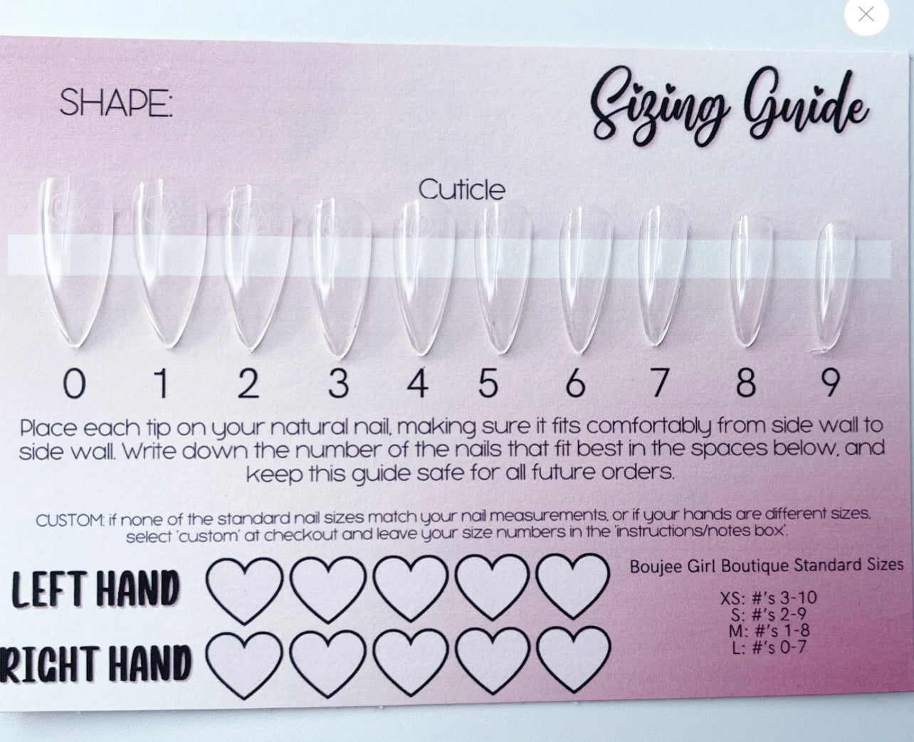 Sizing chart